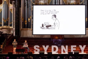 Six of Sydney’s leading graphic storytellers reading live on stage at Sydney Town Hall. Photo by Assemble Photography.