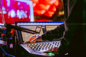 Crowds enjoy light displays and live music at Vivid Sydney 2024 in Tumbalong Park. Photo by Assemble Photography for Orbit.